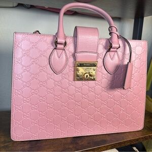Authentic Gucci Pink Embossed Leather Padlock Large Top Handle Tote